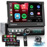 Carplay Single Din Car Stereo with Motorized 7 Inch Flip Out Touchscreen Car Radio in Dash Head Unit Support Android Auto Bluetooth Radio FM Audio AUX/USB/TF Mirror Link+Backup Camera+ Microphone