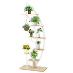 TANGZON 8-Tier Plant Stand, Curved Half Moon Shape Ladder Flowers Shelf with Hook, Indoor Metal Frame Creative Flower Pot Rack for Living Room, Bedroom and Entryway (1 Pack, White + Natural)