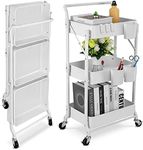 johgee Foldable 3 Tier Metal Utility Rolling Cart, Folding Mobile Multi-Function Storage Trolley Organizer Cart for Home Library Office(White)