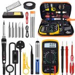 Tabiger Soldering Iron Kit, Soldering Kit with LCD Digital Multimeter, 60W Soldering Iron with 5 Extra Tips, Stand, Desoldering Pump, Solder, Wire Stripper Cutter, Tweezers, Tape, Tool Bag