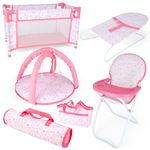 deAO Kids 4 in 1 Baby Doll Pretend Play Set Dolls Highchair Set, Baby Doll Bed, Dolls Cradle, Play Mat (Doll Not Included)