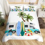 Beach Vacation Theme Bedding Set for Children Kids Boys Girls Beach Coconut Tree Skateboard Motorhome Print Duvet Cover, Modern Travel Microfiber Beds Cover 3 Pcs King Size