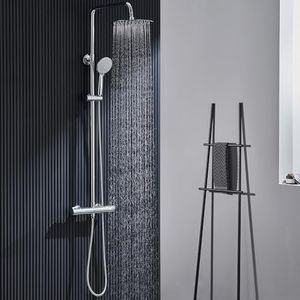 Ulytid Columna Ducha Termostática 38℃, Conjunto Ducha con Grifo Termostatico, Sistema de Ducha Cromo para Baño, Ducha de Mano de 3 Modos, Barra de Ducha Altura Ajustable, Ducha Lluvia Redondo 25x25cm