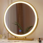 ZKIODV Round Vanity Mirror with Light, Lighted Makeup Mirror with Touch Dimmable 3-Color Lighting, Stylish Large Circle LED Vanity Mirror, Light Up Desk Mirror for Dresser, Tabletop - 48 x 52 CM Gold