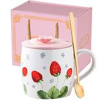 KEYIGOU 13.5oz Cute Strawberry Ceramic Coffee Mug with Lid Gold Spoon Tea Cup Cute Mugs for Women Friend Colleague Boss Gifts