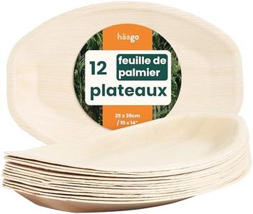 HAAGO 12 Plateaux en Feuilles de Palmier/Bols de Service en Forme de Bateau (25x35cm) Compostables et Jetables - Pique-nique et Extérieur Écologiques - Congélation et Four à Micro-ondes
