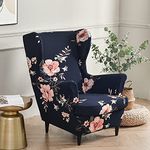 Highdi Wingback Chair Covers 2-Piece Stretch Wing Chair Cover for Armchair, Washable Sofa Chairs Slipcover Spandex Fabric Furniture Protector for Living Room Bedroom Hotel (Dark Blue Floral)