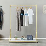 FURVOKIA Modern Simple Heavy Duty Metal Rolling Garment Rack with Wheel,Retail Display Clothing Rack with Wood,Iron Single Rod Floor-Standing Hangers Clothes Shelves (Gold Square Tube B, 47.2 L)