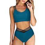 DOULAFASS Women Racer Back Bikini Top with V Cross High Waisted Bottom Mesh Swimsuit Two Pieces Swimwear Peacock Blue