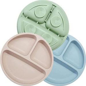 PandaEar 3 Pack Toddler Plates, Silicone Divided Suction Plate for Babies, BPA-Free 100% Food-Grade Silicone Unbreakable Baby Plate (Brown/Blue/Green)
