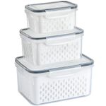 Lizbin 3 PCS Fruit Storage Containers for Fridge with Removable Colander, Leak proof Food Storage Containers, Airtight Food Storage Containers, Food Storage Containers with Lids, Keep Food Meat Fresh