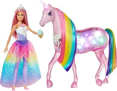 Barbie Dreamtopia Unicorn & Doll Set, Magical Lights with Rainbow Mane, Lights & Sounds, Plus Royal Fashion Doll with Pink Hair & Food Accessory