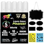 Vaci Markers White Liquid Chalk Markers - 5 Markers, 2 Stencils, 16 Chalkboard Labels and 1 Hanging Board | Erasable & Water-Based | 6mm Chisel Tips | Professional Ink | For Any Non-Porous Surface