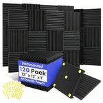 Focusound 120 Pack Sound Proof Panels, 1" x 12" x 12" Acoustic Foam Panels for Wall, High Density Soundproofing Wedge Panels for Music Studio Office Game Room with 600PCS Double-Side Adhesive