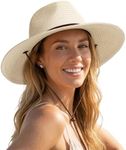 FURTALK Womens Summer Straw Sun Hats Wide Brim Panama Fedora Beach Hat with Wind Lanyard UPF 80+ Beige