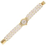 Sri Jagdamba Pearls Dealer Analogue Gold Dial Women's Watch for Women and Girls | Everlasting Gold Plated Quartz Watch | White Button Freshwater Pearl 4-5MM | with Certificate of Authenticity