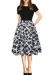 oxiuly Women's Vintage Scoop Neck Floral Pockets Casual Work Swing Dress OX165 (S, Black White)