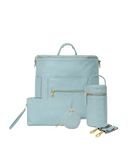 FAWN DESIGN Diaper Bag Bundle - Vegan Leather Diaper Bag/Backpack (Includes Changing Mat, Bottle Holder, and Pacifier Case), Dusty Blue, Travel Backpacks