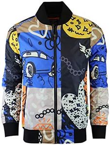 SCREENSHOT Men Streetwear Hip-Hop Urban NY Fashion Bomber Jacket - Modern Outdoor Lightweight Windbreaker Graffiti Zip Up Top, S51050-royal/Geo, Small