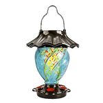 LUJII Solar Powered Hummingbird Feeder for Outside, Hand Blown Glass, Never Leak, Waterproof, Metal Base Top, Lighted Lantern for Garden Decoration, Unique Gift for Bird Lovers, Teal