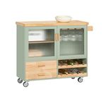 SoBuy FKW114-GR, Kitchen Island Kitchen Storage Trolley with 2 Glass Doors, Kitchen Dining Room Sideboard on Wheels, Green and Natural