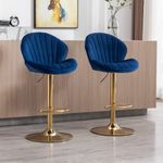 Wahson Velvet Bar Stools Set of 2 Breakfast Bar Chairs with Backrest, Adjustable Swivel Counter Chairs High Stools for Kitchen Island/Home Bar, Blue