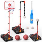 Freecat 3 in 1 Basketball Hoop and T Ball Set for Kids, Adjustable Height Mini Basketball Hoop for Toddlers, Indoor Outdoor Toys Baseball Set, Birthday for 3 4 5 6 7 8+ Year Old Kids