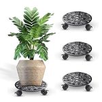 Sharpex Pack of 4 Metal Caddy Iron Dolly on Round Rack Rustproof Sturdy Potted Indoor Outdoor Plant Stand/Trolley with Locking Wheels for Balcony, Living Room, Home and Garden (Black)