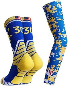 Forever Fanatics Youth Boys Basketball Socks Sports Athletic Crew Socks with Basketball Arm Sleeve - Made in USA, 30 Royal/Gold, 6-10 Years