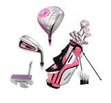 Precise M5 Ladies Womens Complete Right Handed Golf Clubs Set Includes Titanium Driver, S.S. Fairway, S.S. Hybrid, S.S. 5-PW Irons, Putter, Stand Bag, 3 H/C's Pink (Pink, Right Hand Petite Size -1")