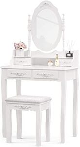 Alohappy Makeup Vanity Set with Mirror & Stool for Girls, Vanity Table and Cushioned Stool Set with 4 Drawers, Wood Dressing Table for Bedroom