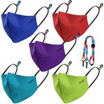 NUÜR Kids 100% Cotton Breathable Face Mask 5-Pack in Fun Bright Colours, Contrasting Adjustable Ear Loops, 3-Layer Protection, Soft, Machine Washable, Durable for Everyday Use