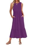 WNEEDU Womens Summer Dresses 2024 Sleeveless Maxi Dress Crewneck Casual Flowy Tiered Swing Dress with Pockets, Purple M