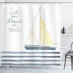 Sailboat Nautical Decor Shower Curtain Set by Ambesonne, "Let Your Dreams Set Sail" Quote Stripes Yacht Interior Navigation Theme, Bathroom Accessories, 75 Inches Long, Petrol Blue Yellow White
