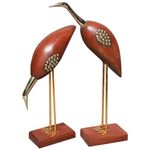 QUAMIUM Wooden and Brass Saras Swan Crane Love Birds Showpiece Set - Antique Decorative Bird for Home Decor, Set of 2, Size: 29x5x9 cm and 20x5x9 cm, Brown