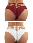 FULLJOYLOVE Women's Sexy Lace Mesh Hollow Panties Seamless Knickers Ladies Stretchy Low Rise Bikini Briefs Hipster Lace Underwear for Female Red White 2Pack