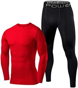 PowerLayer Boys' Performance Base Layer Thermal Long Sleeve Top & Tights Compression Set - Team Red + Black Stealth, 8-10 Years (Boys Medium)