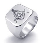 TEMEGO Jewelry Mens Stainless Steel Ring, Vintage Engraved Freemason Masonic Band, Silver