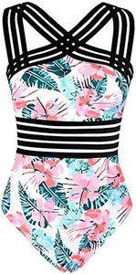 Hilor Women's Tummy Control Bathing Suit Sexy One Piece Swimsuit Flattering Swimwear Pink&Blue Floral M/US8-10