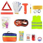 Car Emergency Breakdown Safety Kit 13-in-1 Vehicle Europe Roadside Assistance Travel Kit with Jump Leads,Tow Rope,Warning Triangle,Hi-Vis Vest,Emergency Hammer/Rain poncho/Blanket etc