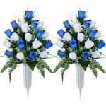 Artificial Cemetery Flowers, Grave Decorations Roses, Memorial Flowers Bouquet with Cemetery Vase, 2 Sets (White&Blue)