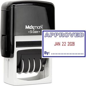 MaxMark Office Date Stamp with Approved Self Inking Date Stamp - Blue/RED Ink