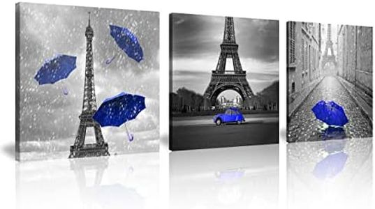 NAN Wind 3 Pcs Black and White Canvas Wall Art for Living Room Bedroom Bathroom Girls Dark Blue Paris Theme Room Decor Oil Painting Print Umbrella Tower Eiffel Painting for Wall Decor (12X12inchX3pcs,