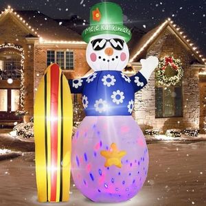 Gardentime 8FT Christmas Hawaii Inflatables Outdoor Decoration Snowman with Surfboard and Built-in Colorful Rotating Lights Fun Giant Blowups Xmas Yard Lawn Garden Decor