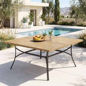 PHI VILLA Large Outdoor Patio Table for 8 Person, 60" Square Metal Steel Slat Table with 1.57"-1.9" Adjustable Umbrella Hole, Weather-Resistant Outdoor Dining Table for Deck Backyards, Brown