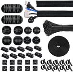 Moseem Cable Management Kit 142Pcs,Wire Organiser Cable Tidy,1 Cable Sleeve,10 Self Adhesive Base,10 Cable Clips,10 Cable Ties,10 Silicone Cord Holder,1 Roll Self Adhesive Tie,100 Wire Fastening Ties