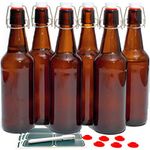 Otis Glass Bottles w/ Stoppers - Set of 6 in Amber Glass w/ Swing Top Lids for Home Brewing, Water & Kombucha - Flip Top 16oz Glass Bottle w/ 6 Bonus Gaskets