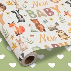 woric Reversible Baby Shower Wrapping Paper Roll 17 Inch x 33 Feet Baby Gift Wrapping with Woodland Animal Design for Newborn, Neutral 1st Birthday, Celebration and DIY Crafts