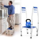 Platinum Health AdjustaStep(tm) Bariatric DoubleSafe Deluxe Step Stool/Footstool with Dual Handle/Handrail, Height Adjustable. Modern White/Blue Design. Padded Non-Slip Hand Grips