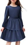 Arshiner Girls Fall Dress Sparkly Shimmery Puff Sleeve A-Line Layer Fancy Party Dresses with Belt Navy Blue 5-6 Years